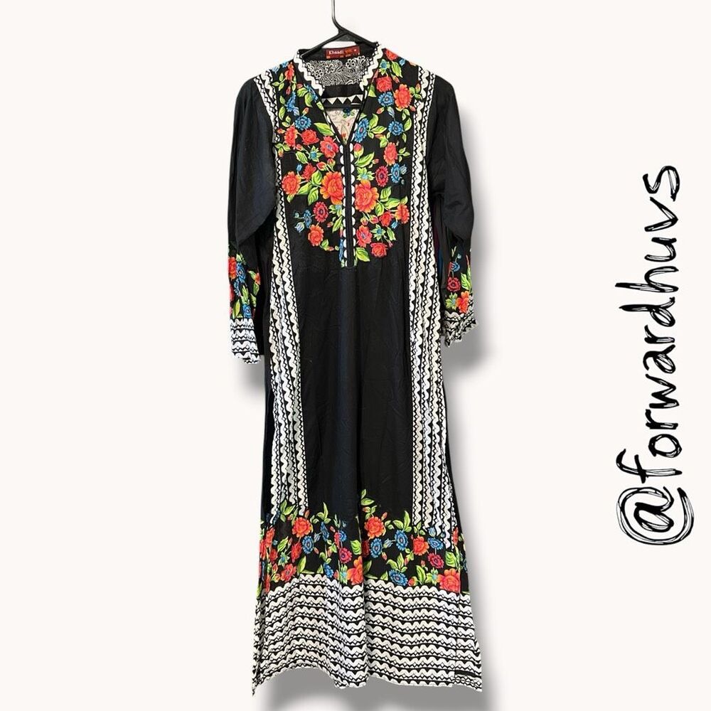 Khaadi Embroidered Floral Cotton Long Kurta Dress Black Size Medium